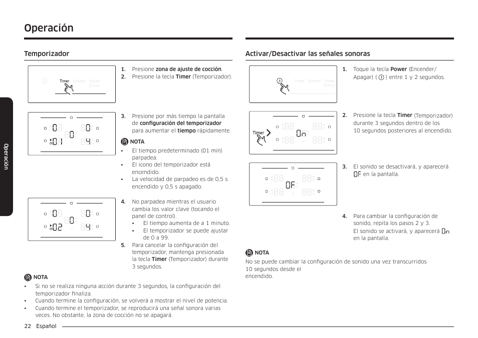 Temporizador, Activar/desactivar las señales sonoras, Operación | Samsung 36 Inch Induction Cooktop Owners Guide User Manual | Page 58 / 110