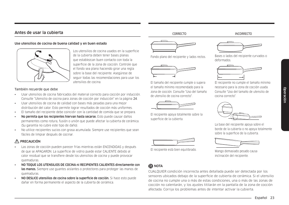 Antes de usar la cubierta, Use utensilios de cocina de, Buena calidad y en buen estado | Samsung 36 Inch Induction Cooktop Owners Guide User Manual | Page 59 / 110