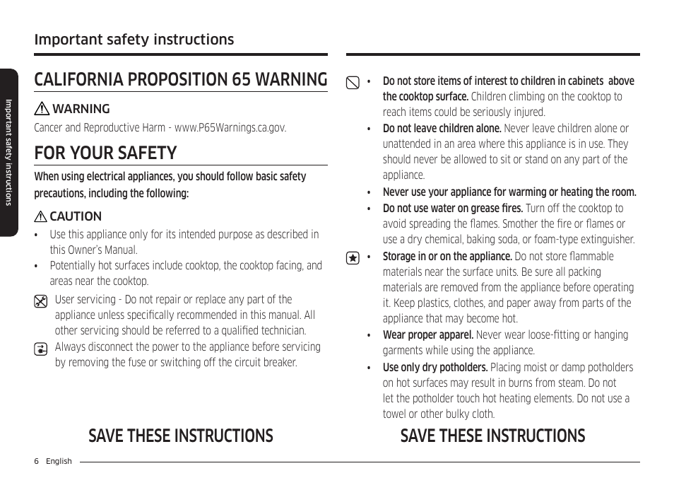 California proposition 65 warning, For your safety, Save these instructions | Important safety instructions | Samsung 36 Inch Induction Cooktop Owners Guide User Manual | Page 6 / 110
