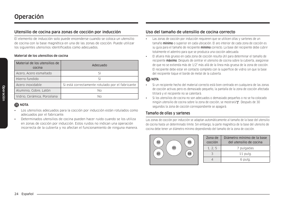 Uso del tamaño de utensilio de cocina correcto, Tamaño de ollas y sartenes, Operación | Samsung 36 Inch Induction Cooktop Owners Guide User Manual | Page 60 / 110