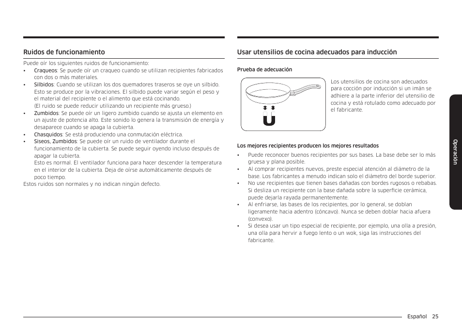 Ruidos de funcionamiento, Usar utensilios de cocina adecuados para inducción | Samsung 36 Inch Induction Cooktop Owners Guide User Manual | Page 61 / 110