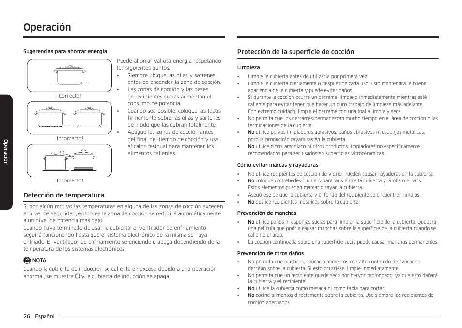 Detección de temperatura, Protección de la superficie de cocción, Operación | Samsung 36 Inch Induction Cooktop Owners Guide User Manual | Page 62 / 110