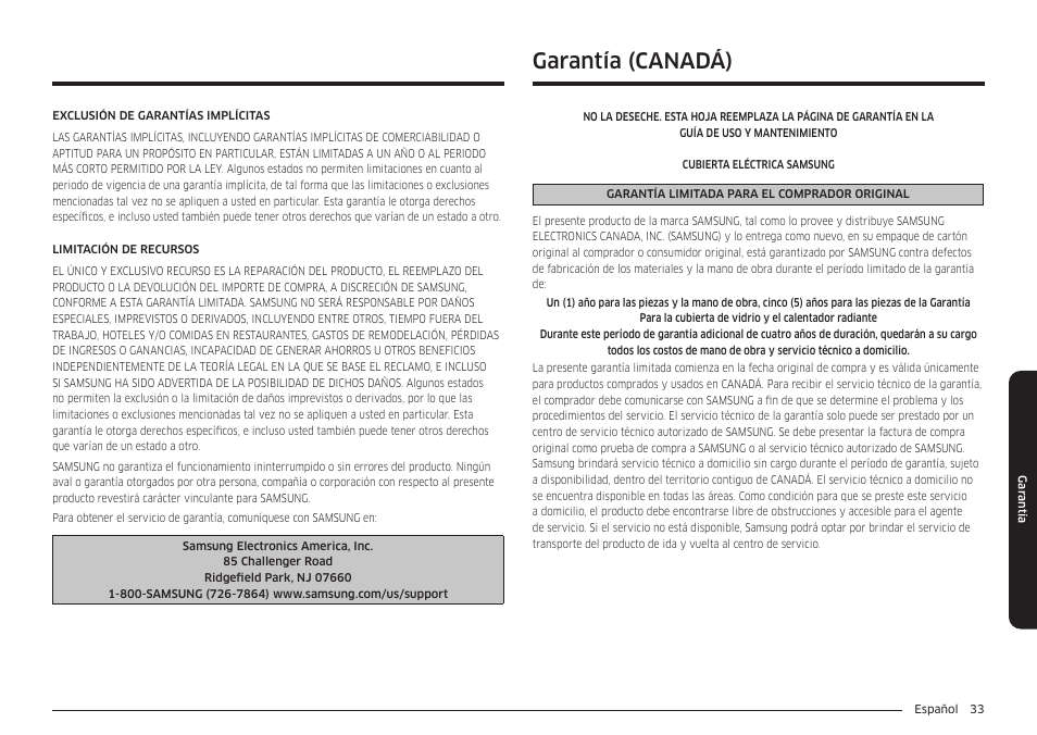 Garantía (canadá) | Samsung 36 Inch Induction Cooktop Owners Guide User Manual | Page 69 / 110