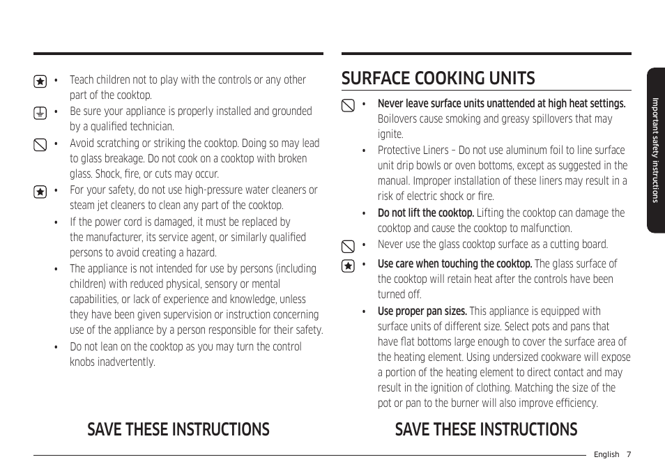 Surface cooking units, Save these instructions, Save these instructions surface cooking units | Samsung 36 Inch Induction Cooktop Owners Guide User Manual | Page 7 / 110