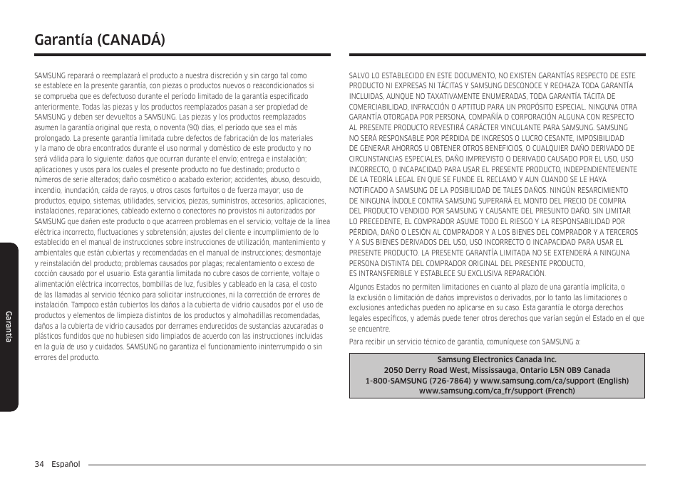 Garantía (canadá) | Samsung 36 Inch Induction Cooktop Owners Guide User Manual | Page 70 / 110