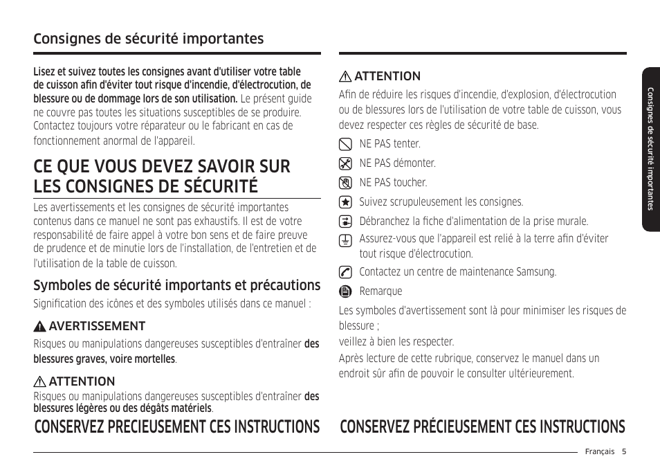 Consignes de sécurité importantes, Symboles de sécurité importants et précautions | Samsung 36 Inch Induction Cooktop Owners Guide User Manual | Page 77 / 110