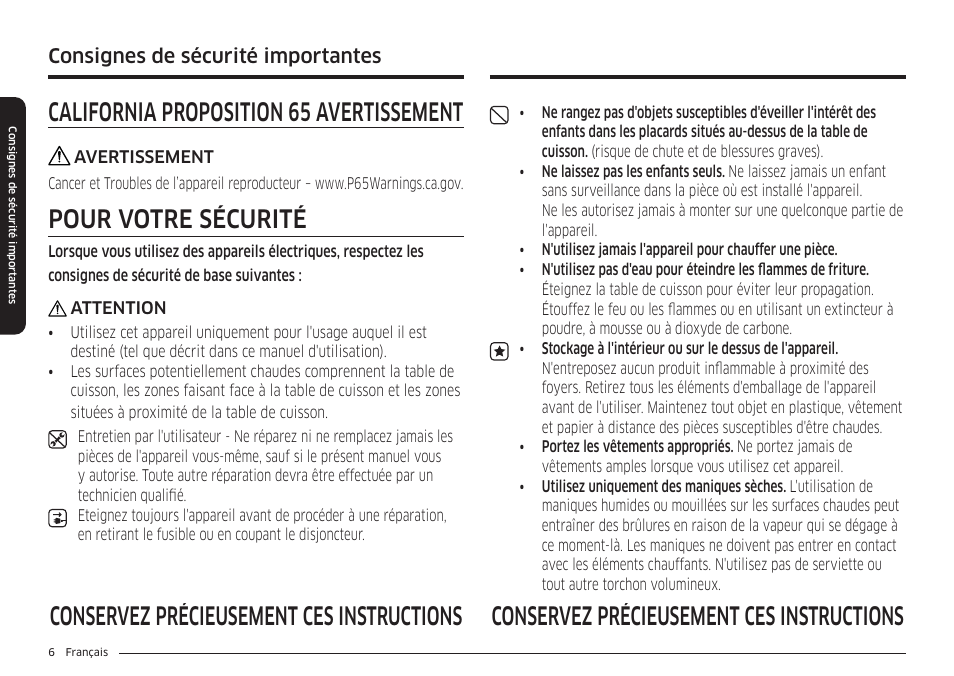 Pour votre sécurité, Consignes de sécurité importantes | Samsung 36 Inch Induction Cooktop Owners Guide User Manual | Page 78 / 110