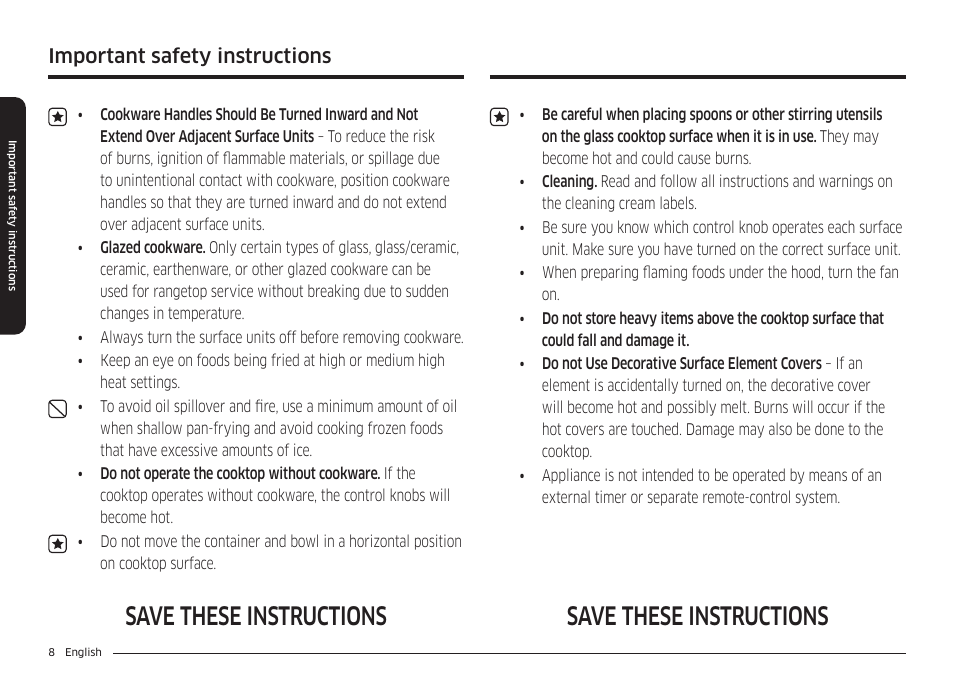 Save these instructions, Important safety instructions | Samsung 36 Inch Induction Cooktop Owners Guide User Manual | Page 8 / 110