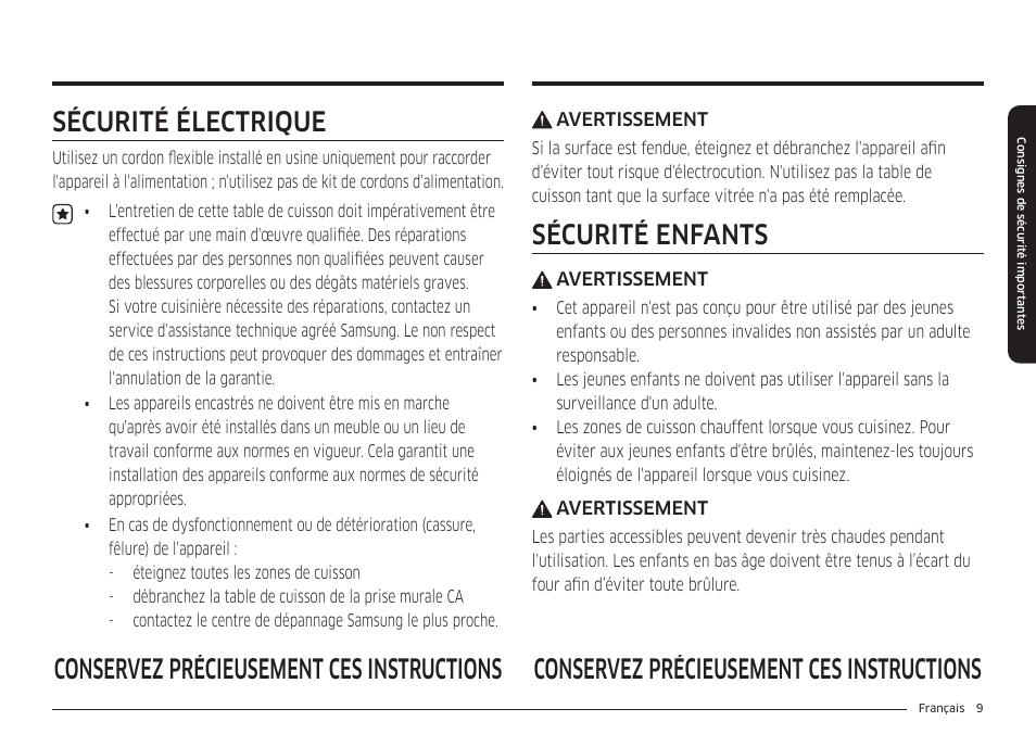 Sécurité électrique, Sécurité enfants | Samsung 36 Inch Induction Cooktop Owners Guide User Manual | Page 81 / 110