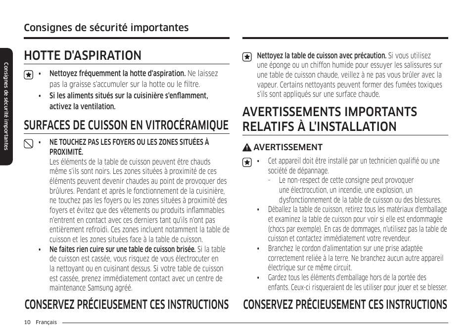 Hotte d'aspiration, Surfaces de cuisson en vitrocéramique, Consignes de sécurité importantes | Samsung 36 Inch Induction Cooktop Owners Guide User Manual | Page 82 / 110