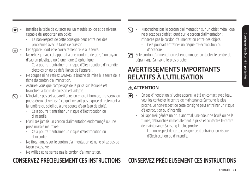 Avertissements importants relatifs à l'utilisation | Samsung 36 Inch Induction Cooktop Owners Guide User Manual | Page 83 / 110