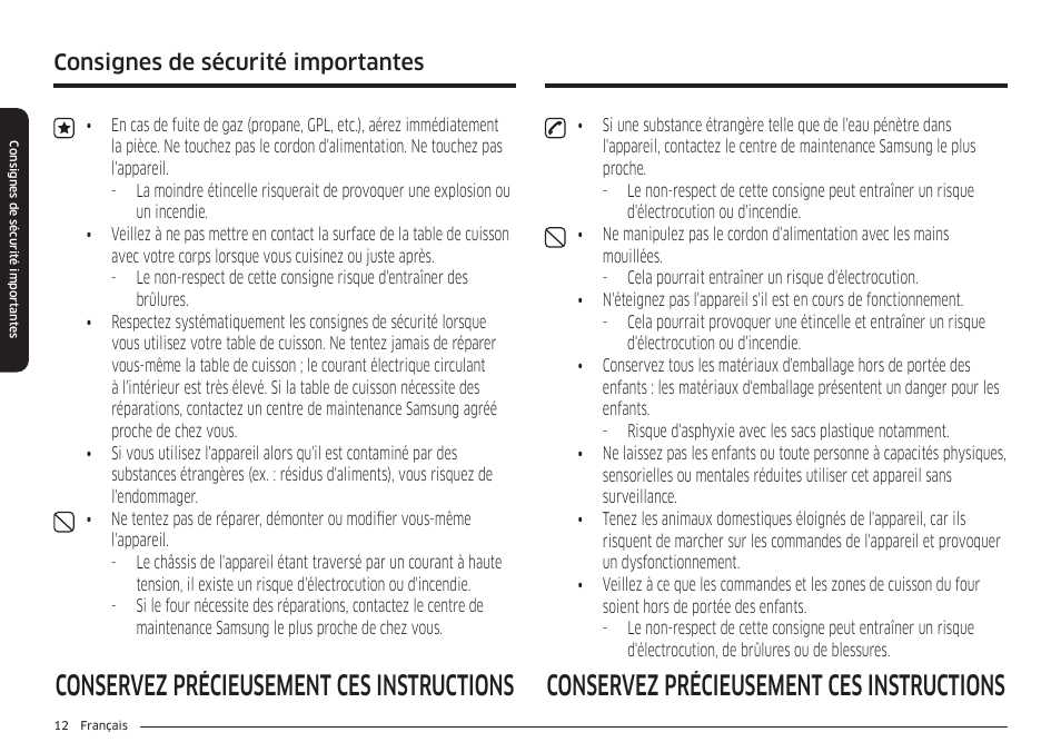 Consignes de sécurité importantes | Samsung 36 Inch Induction Cooktop Owners Guide User Manual | Page 84 / 110