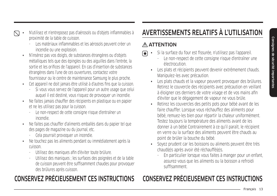 Avertissements relatifs à l'utilisation | Samsung 36 Inch Induction Cooktop Owners Guide User Manual | Page 85 / 110