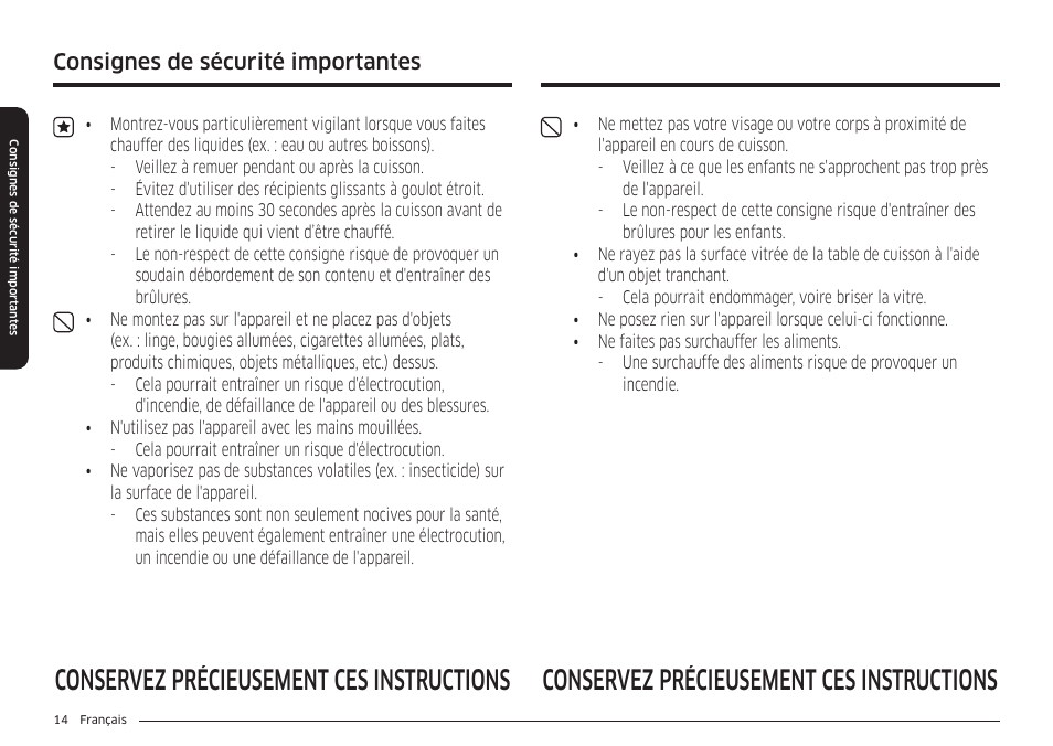 Consignes de sécurité importantes | Samsung 36 Inch Induction Cooktop Owners Guide User Manual | Page 86 / 110