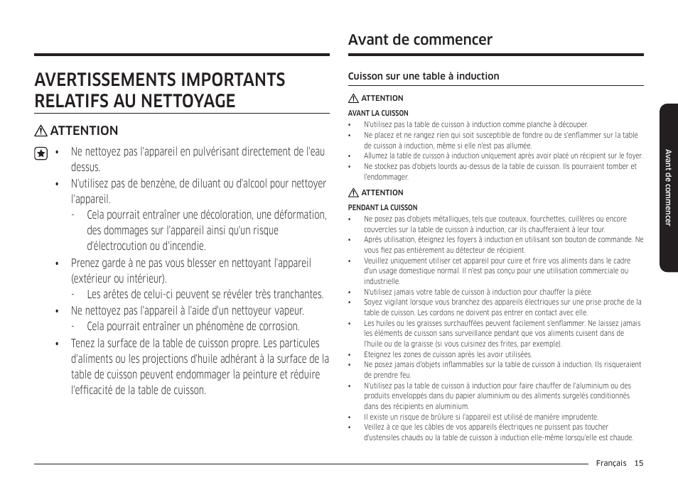 Avertissements importants relatifs au nettoyage, Avant de commencer, Cuisson sur une table à induction | Attention | Samsung 36 Inch Induction Cooktop Owners Guide User Manual | Page 87 / 110