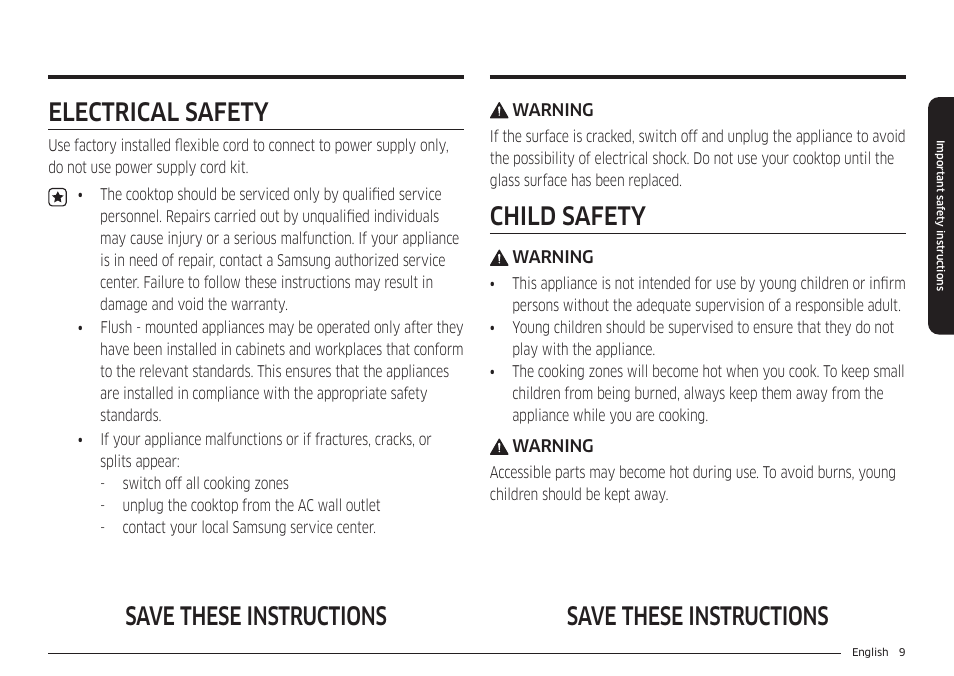 Electrical safety, Child safety, Save these instructions | Samsung 36 Inch Induction Cooktop Owners Guide User Manual | Page 9 / 110