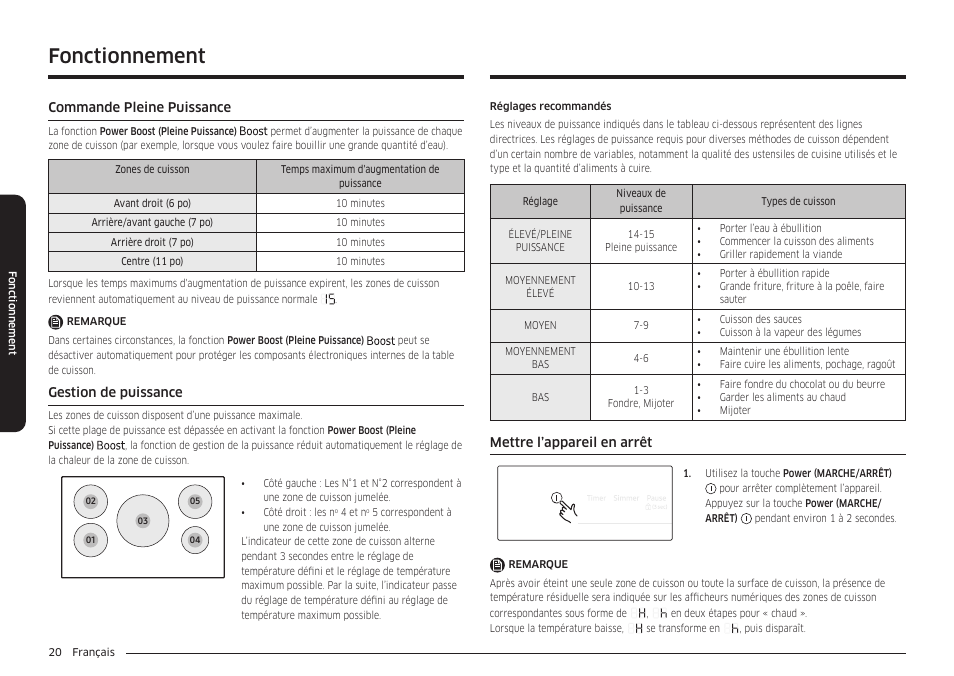 Commande pleine puissance, Gestion de puissance, Mettre l’appareil en arrêt | Fonctionnement | Samsung 36 Inch Induction Cooktop Owners Guide User Manual | Page 92 / 110