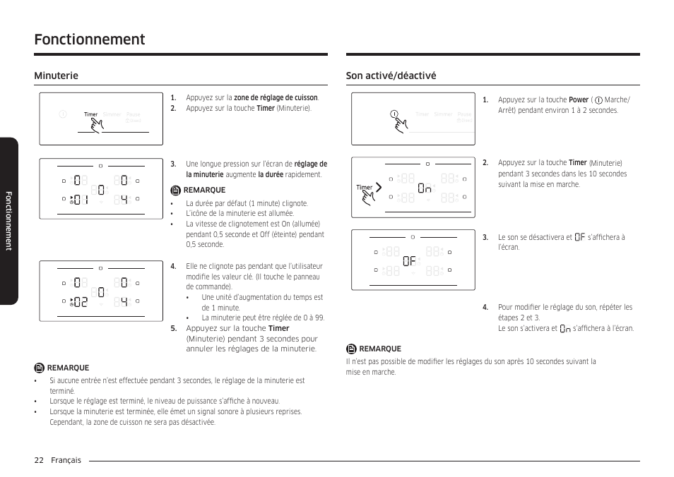 Minuterie, Son activé/déactivé, Minuterie 22 son activé/déactivé | Fonctionnement | Samsung 36 Inch Induction Cooktop Owners Guide User Manual | Page 94 / 110