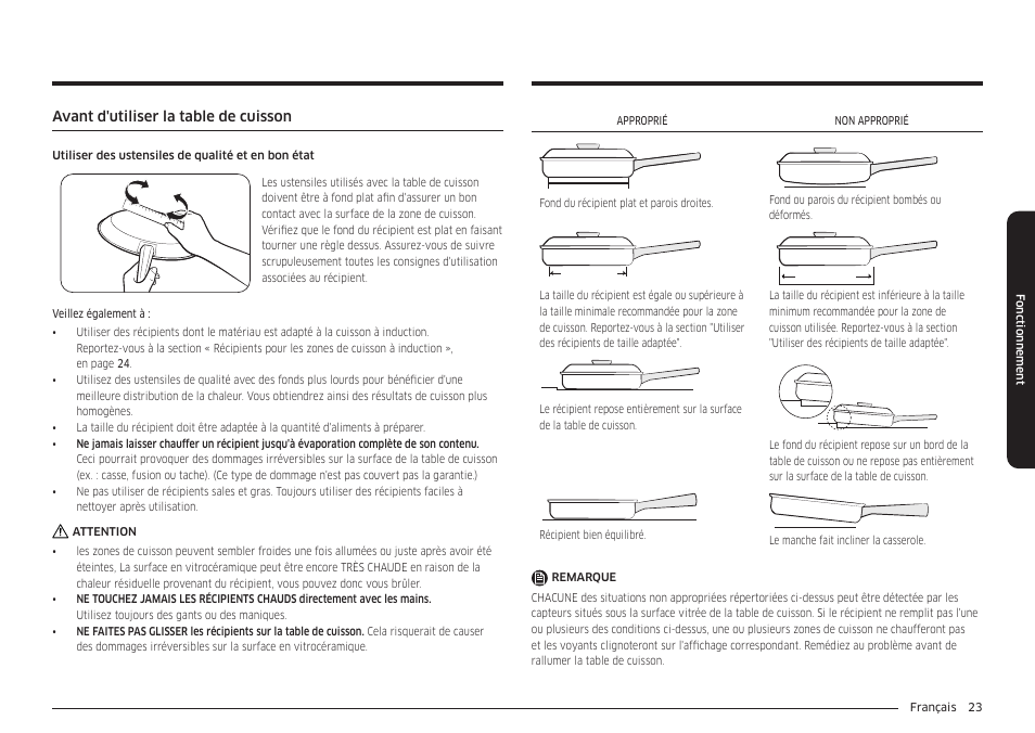 Avant d'utiliser la table de cuisson | Samsung 36 Inch Induction Cooktop Owners Guide User Manual | Page 95 / 110