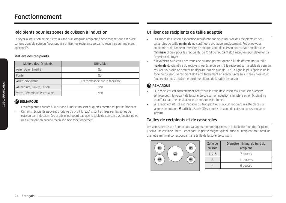 Récipients pour les zones de cuisson à induction, Utiliser des récipients de taille adaptée, Tailles de récipients et de casseroles | Fonctionnement | Samsung 36 Inch Induction Cooktop Owners Guide User Manual | Page 96 / 110