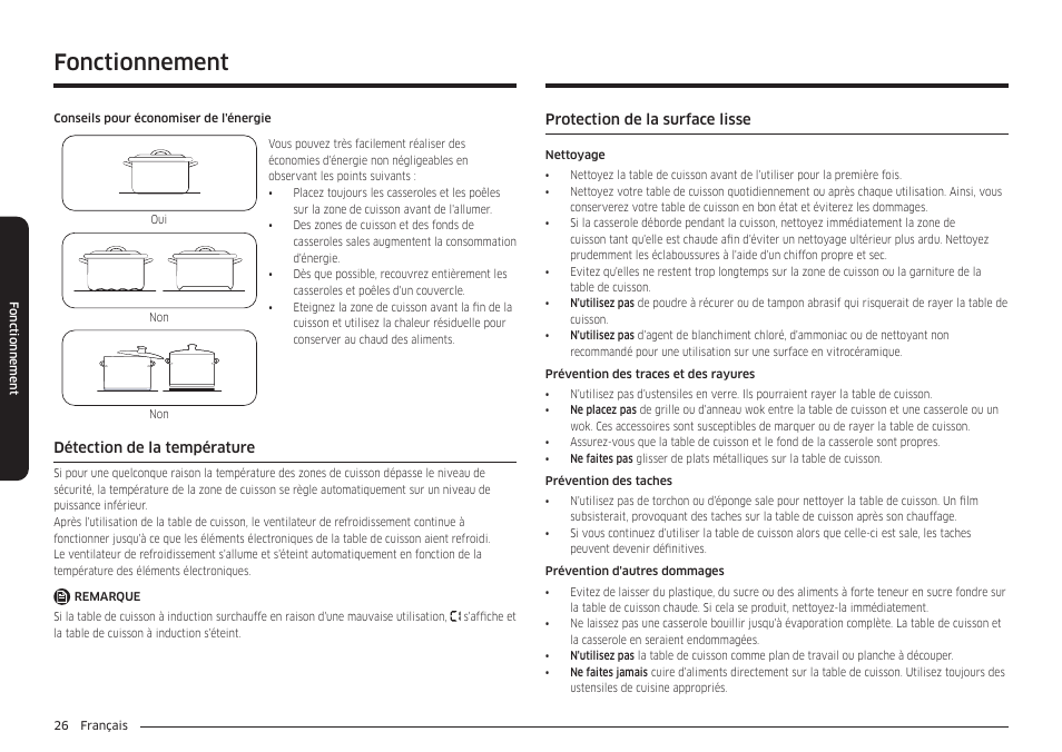 Détection de la température, Protection de la surface lisse, Fonctionnement | Samsung 36 Inch Induction Cooktop Owners Guide User Manual | Page 98 / 110