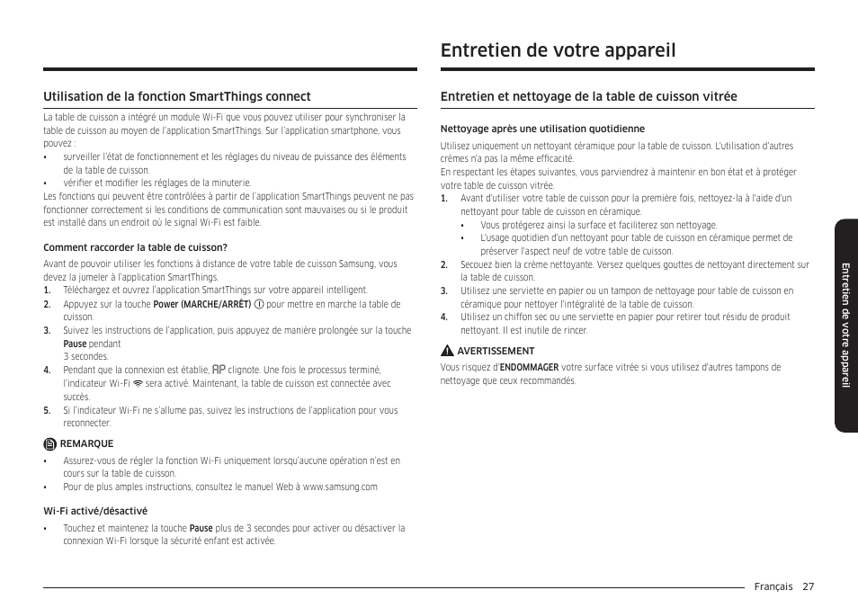 Utilisation de la fonction smartthings connect, Entretien de votre appareil | Samsung 36 Inch Induction Cooktop Owners Guide User Manual | Page 99 / 110