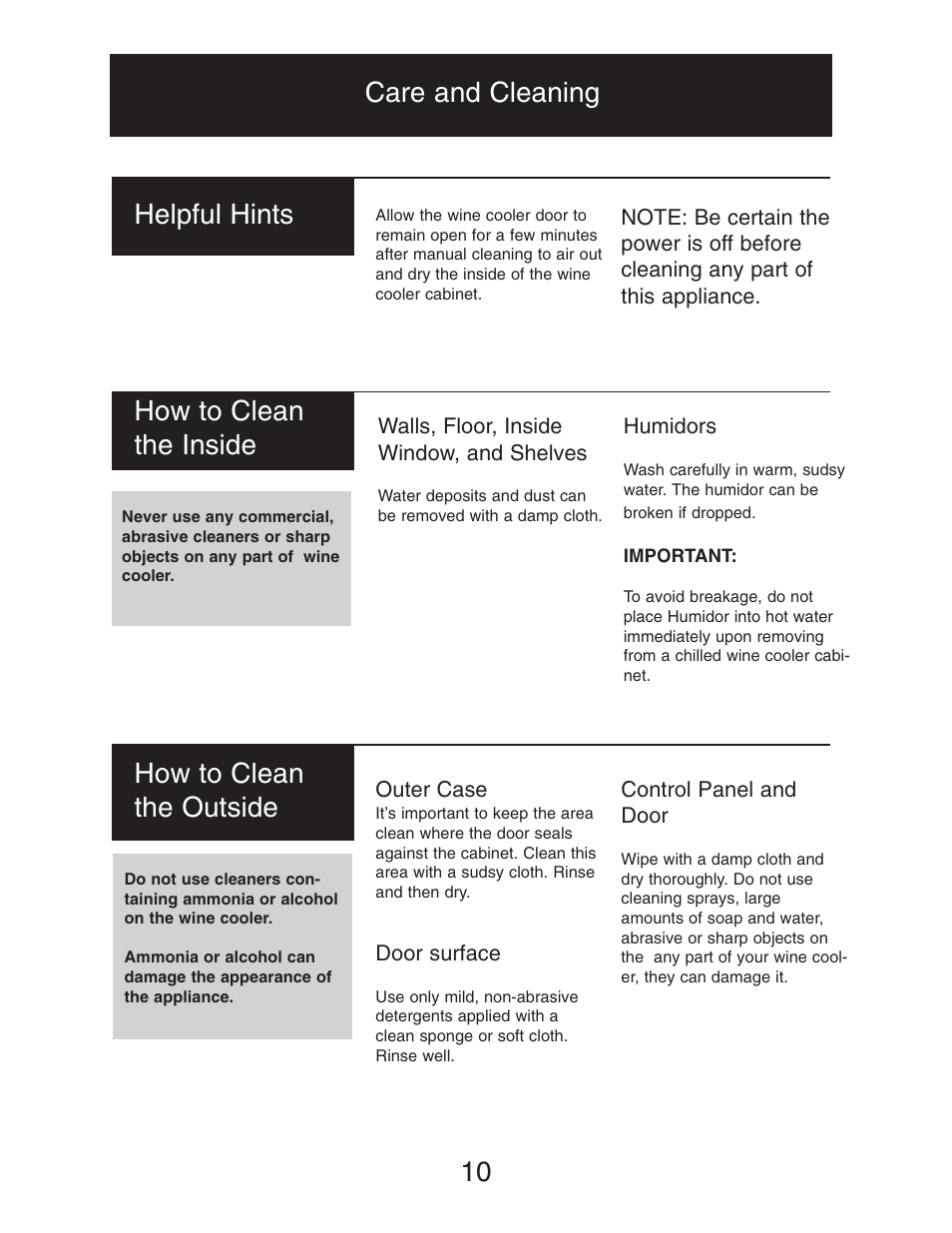 10 helpful hints, How to clean the inside, Care and cleaning how to clean the outside | Danby DWC516BLS User Manual | Page 11 / 38