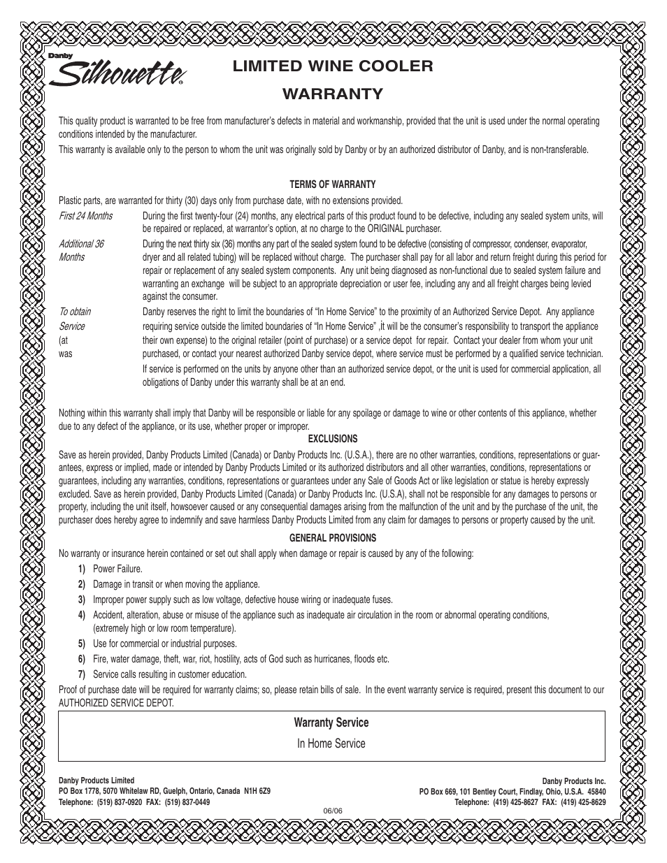 Limited wine cooler warranty | Danby DWC516BLS User Manual | Page 13 / 38