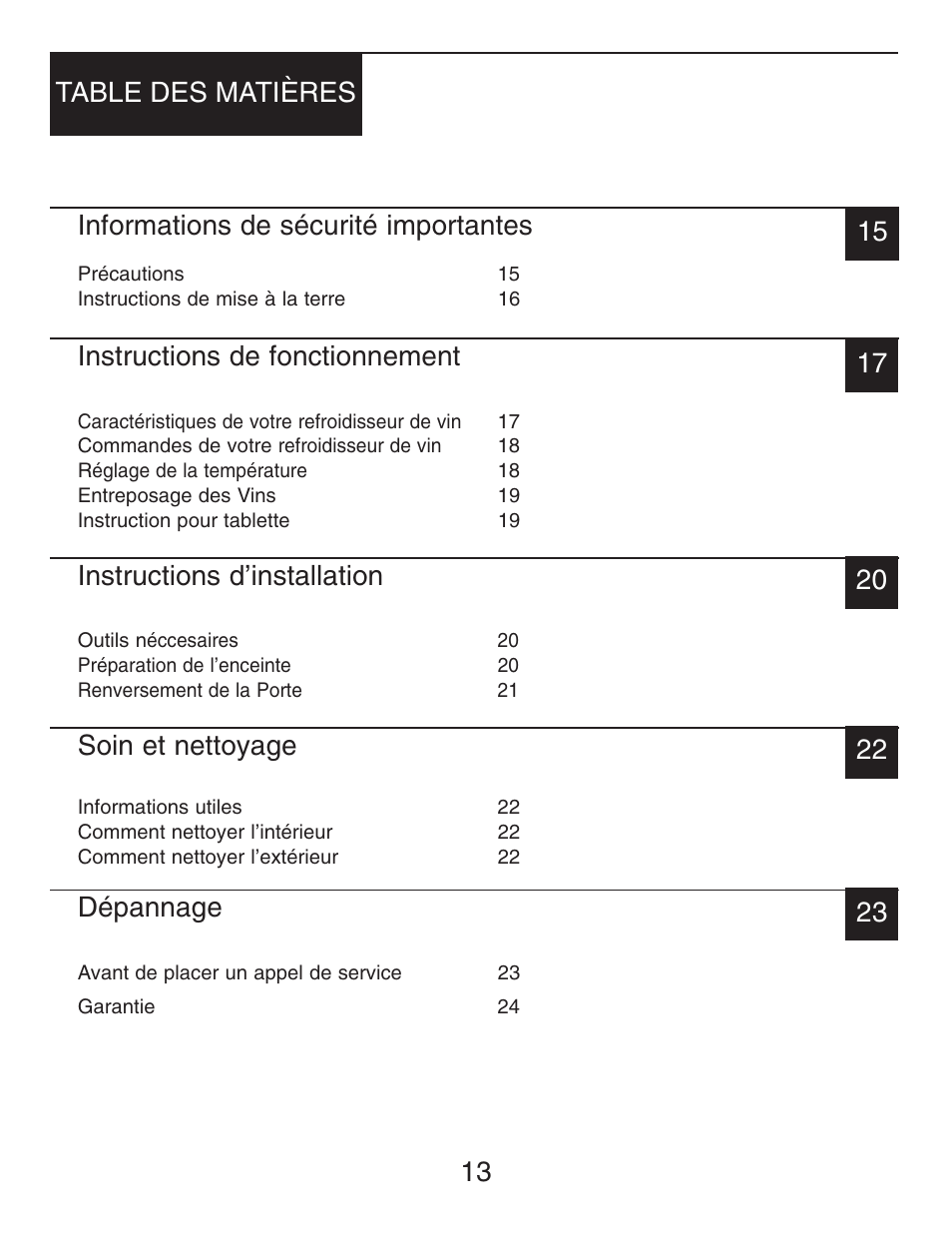 Informations de sécurité importantes, Instructions de fonctionnement, Instructions d’installation | Soin et nettoyage, Dépannage | Danby DWC516BLS User Manual | Page 14 / 38