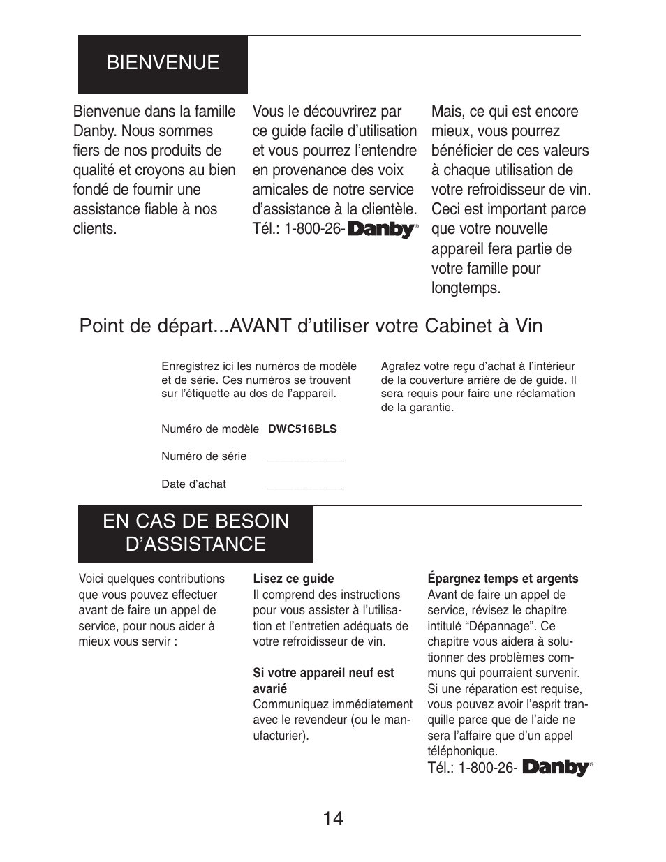 14 bienvenue en cas de besoin d’assistance | Danby DWC516BLS User Manual | Page 15 / 38