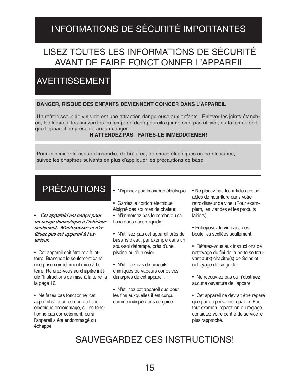 Sauvegardez ces instructions | Danby DWC516BLS User Manual | Page 16 / 38