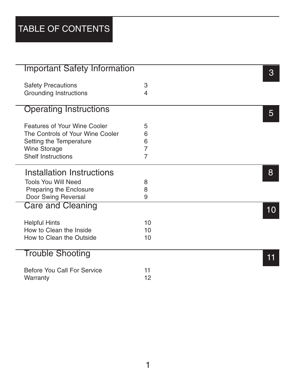Important safety information, Operating instructions, Installation instructions | Care and cleaning, Trouble shooting | Danby DWC516BLS User Manual | Page 2 / 38