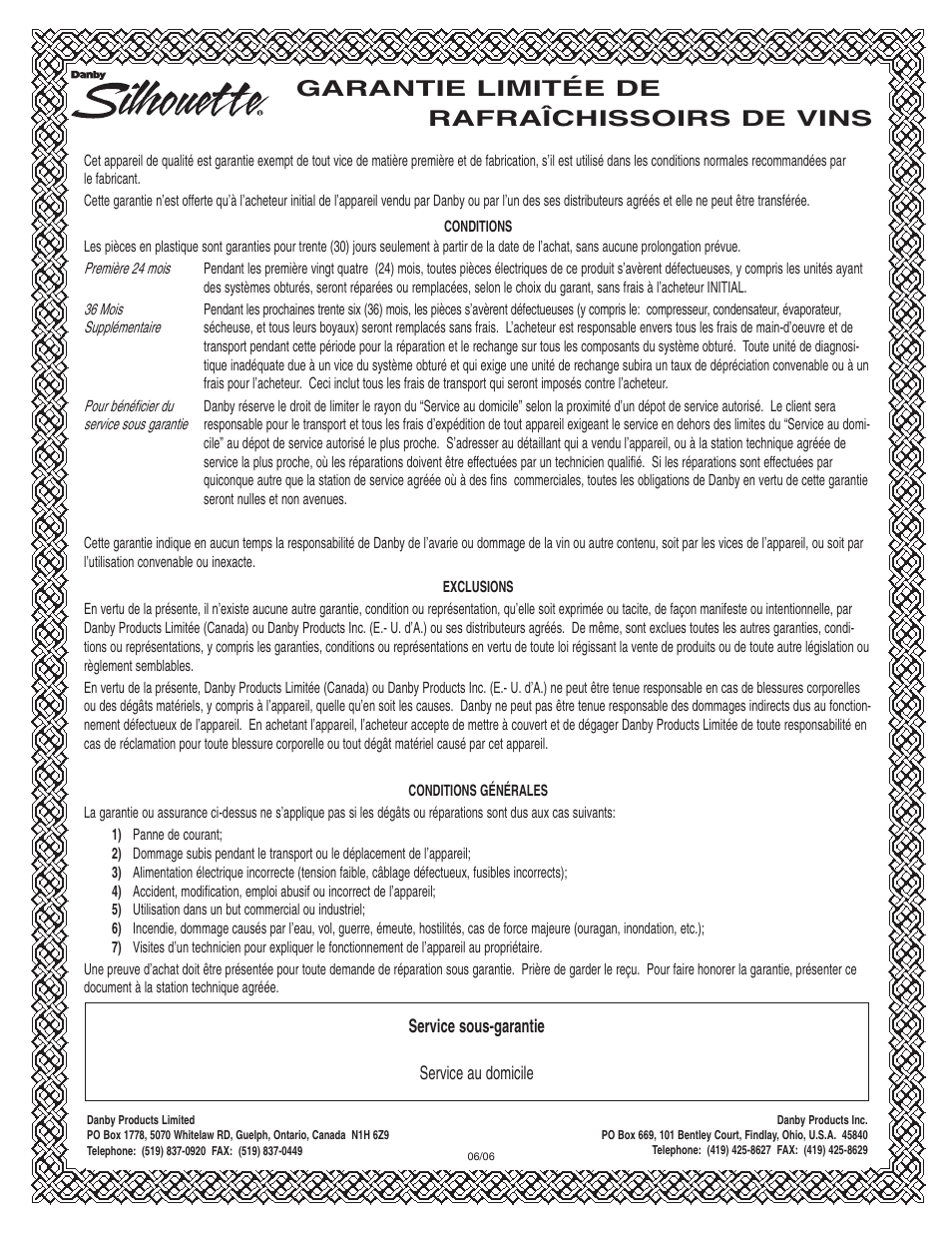 Garantie limitée de rafraîchissoirs de vins | Danby DWC516BLS User Manual | Page 25 / 38