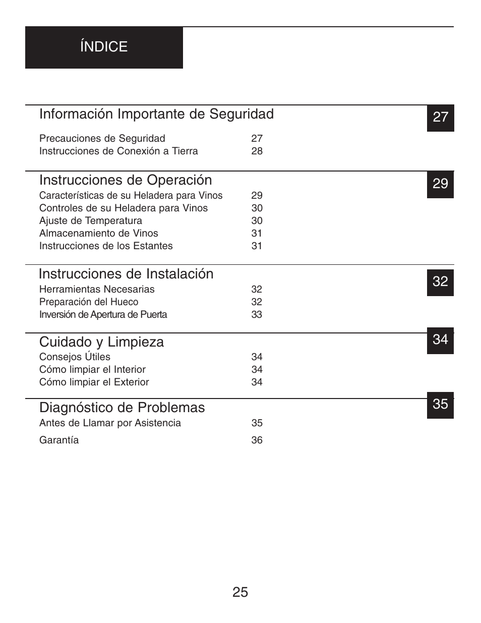 Información importante de seguridad, Instrucciones de operación, Instrucciones de instalación | Cuidado y limpieza, Diagnóstico de problemas | Danby DWC516BLS User Manual | Page 26 / 38