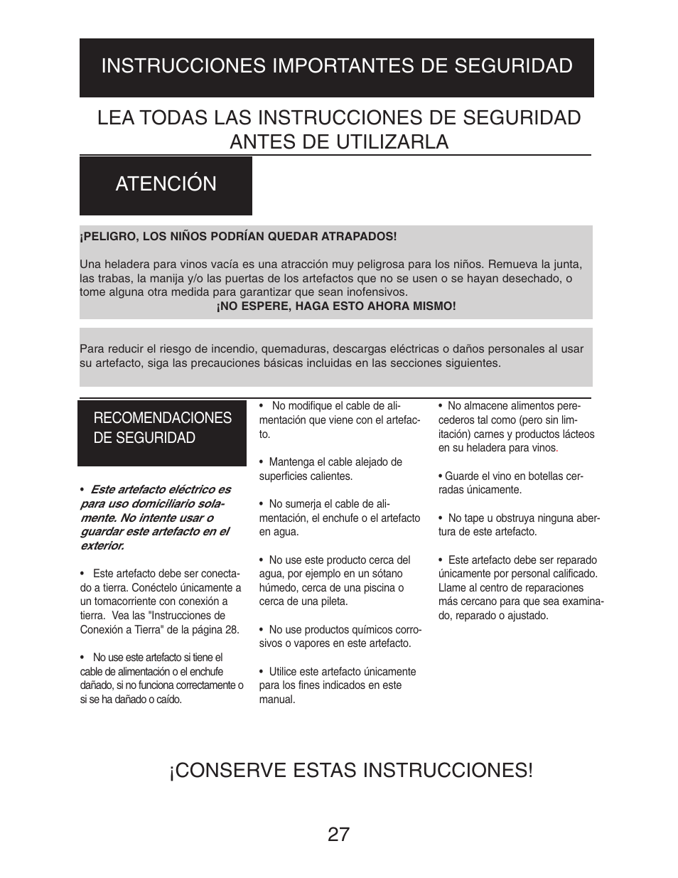 Conserve estas instrucciones | Danby DWC516BLS User Manual | Page 28 / 38