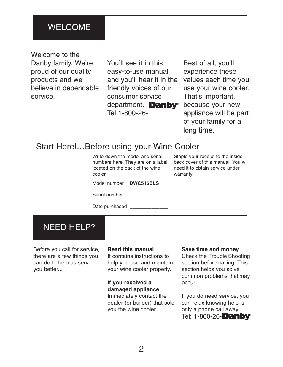 2welcome need help, Start here!…before using your wine cooler | Danby DWC516BLS User Manual | Page 3 / 38