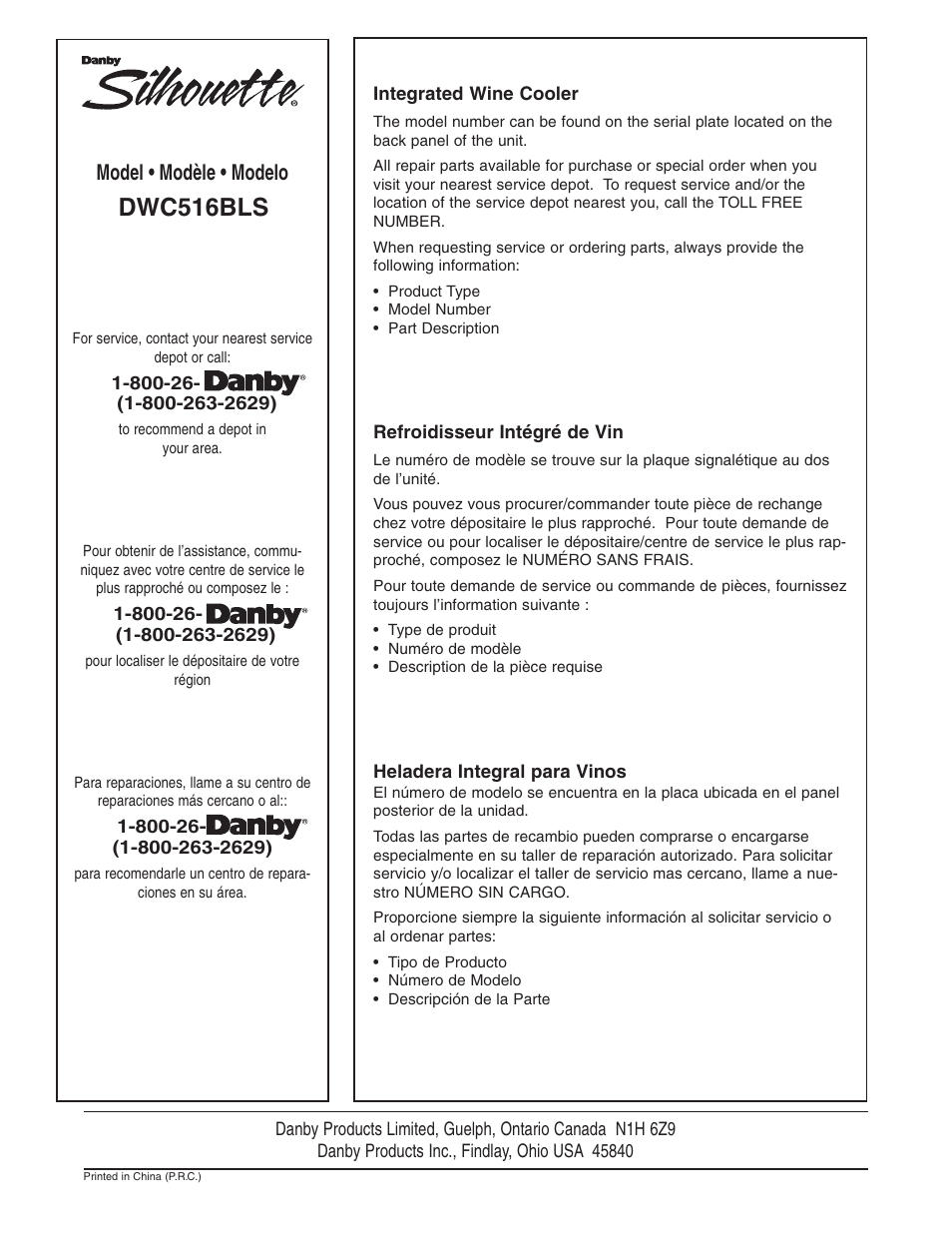 Dwc516bls, Model • modèle • modelo | Danby DWC516BLS User Manual | Page 38 / 38