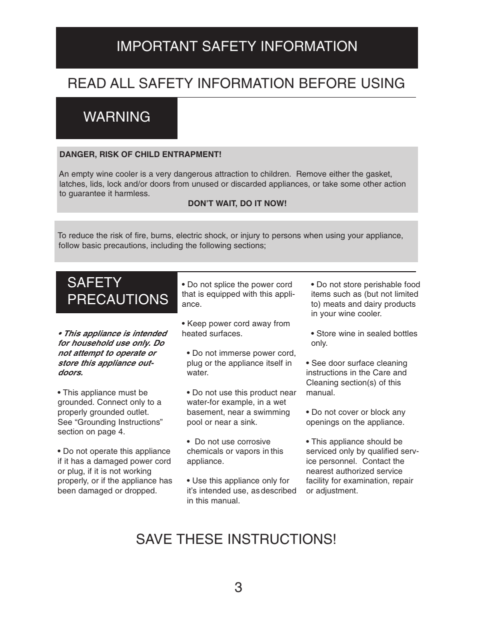 Save these instructions | Danby DWC516BLS User Manual | Page 4 / 38