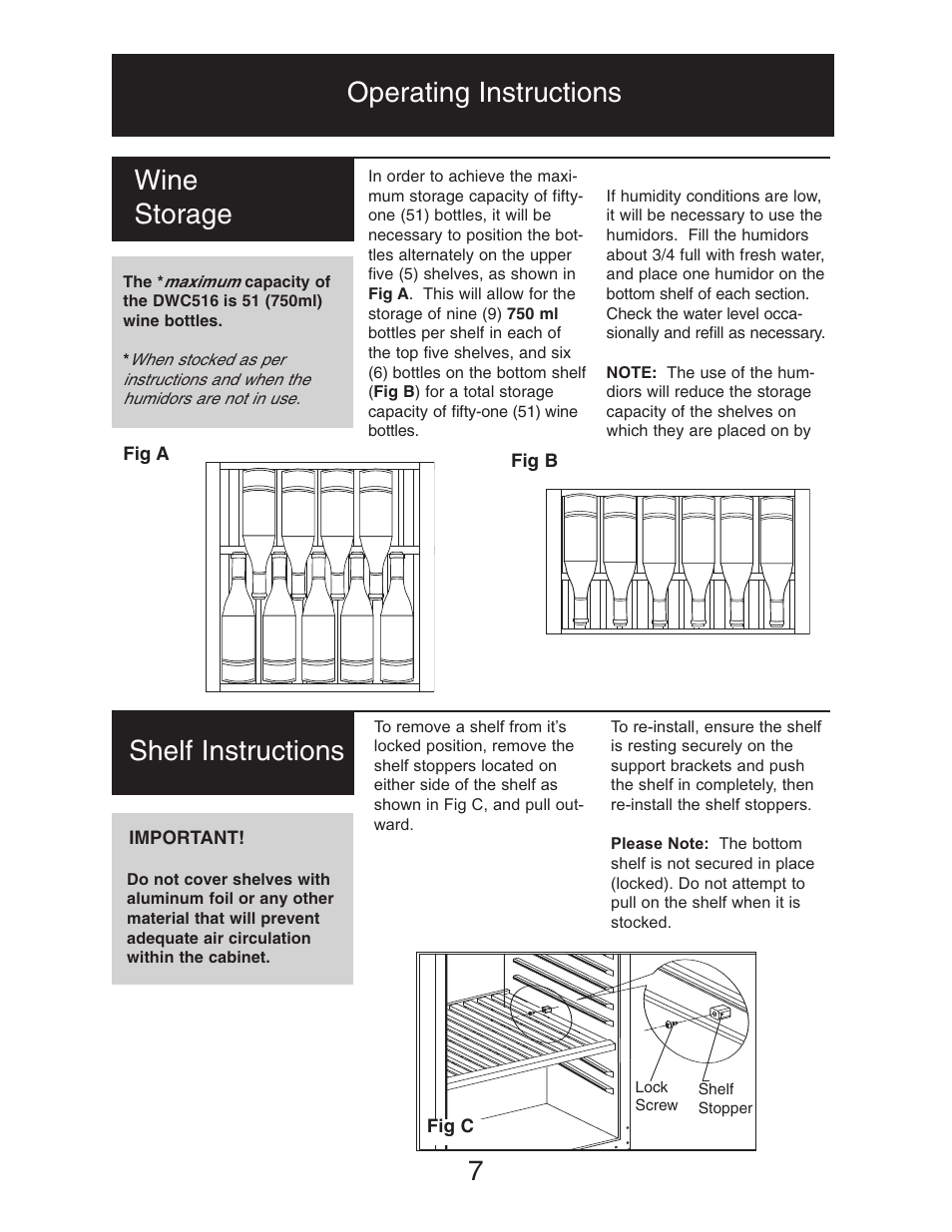 Operating instructions, Wine storage, Shelf instructions | Danby DWC516BLS User Manual | Page 8 / 38