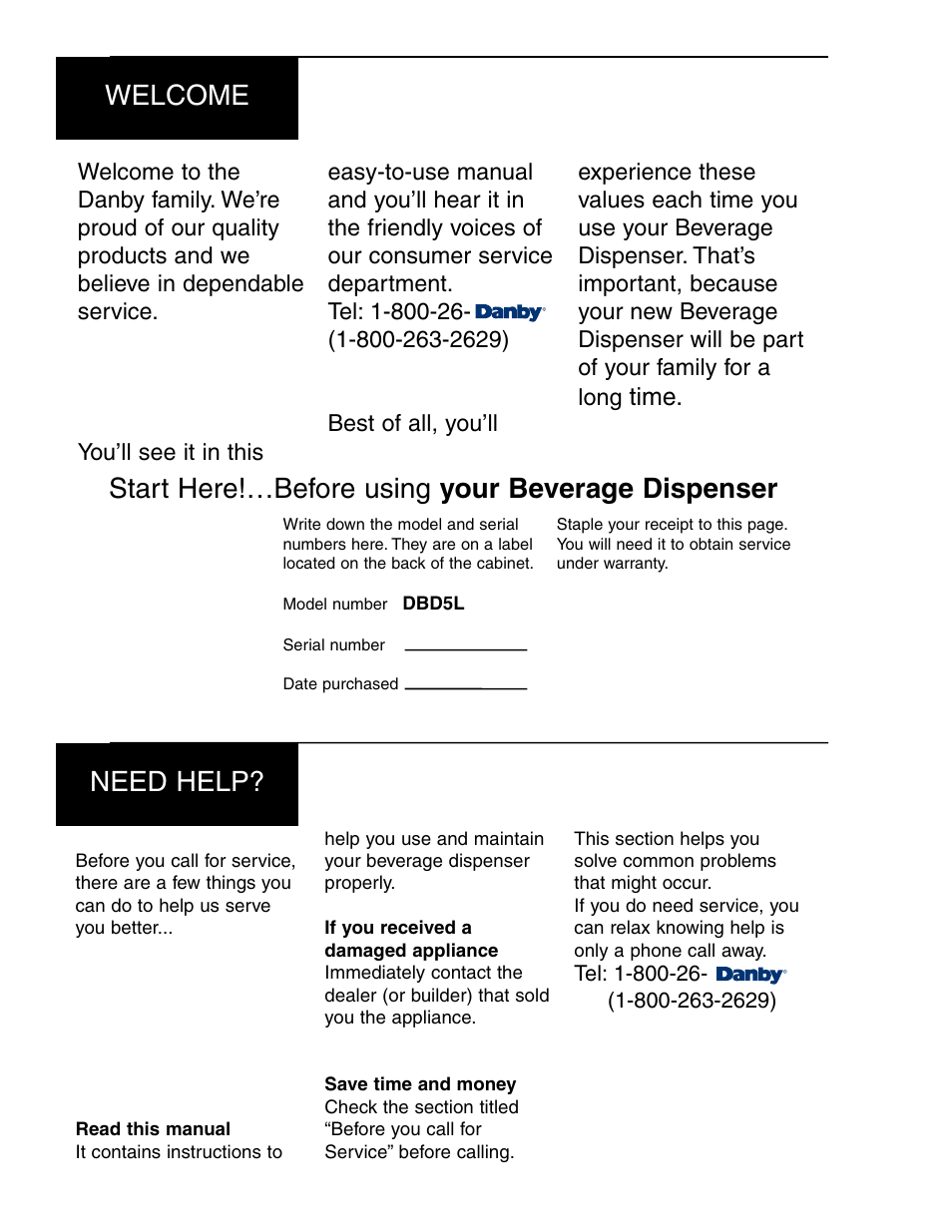 Welcome, Start here!…before using your beverage dispenser, Need help | Time | Danby DBD5L User Manual | Page 2 / 22