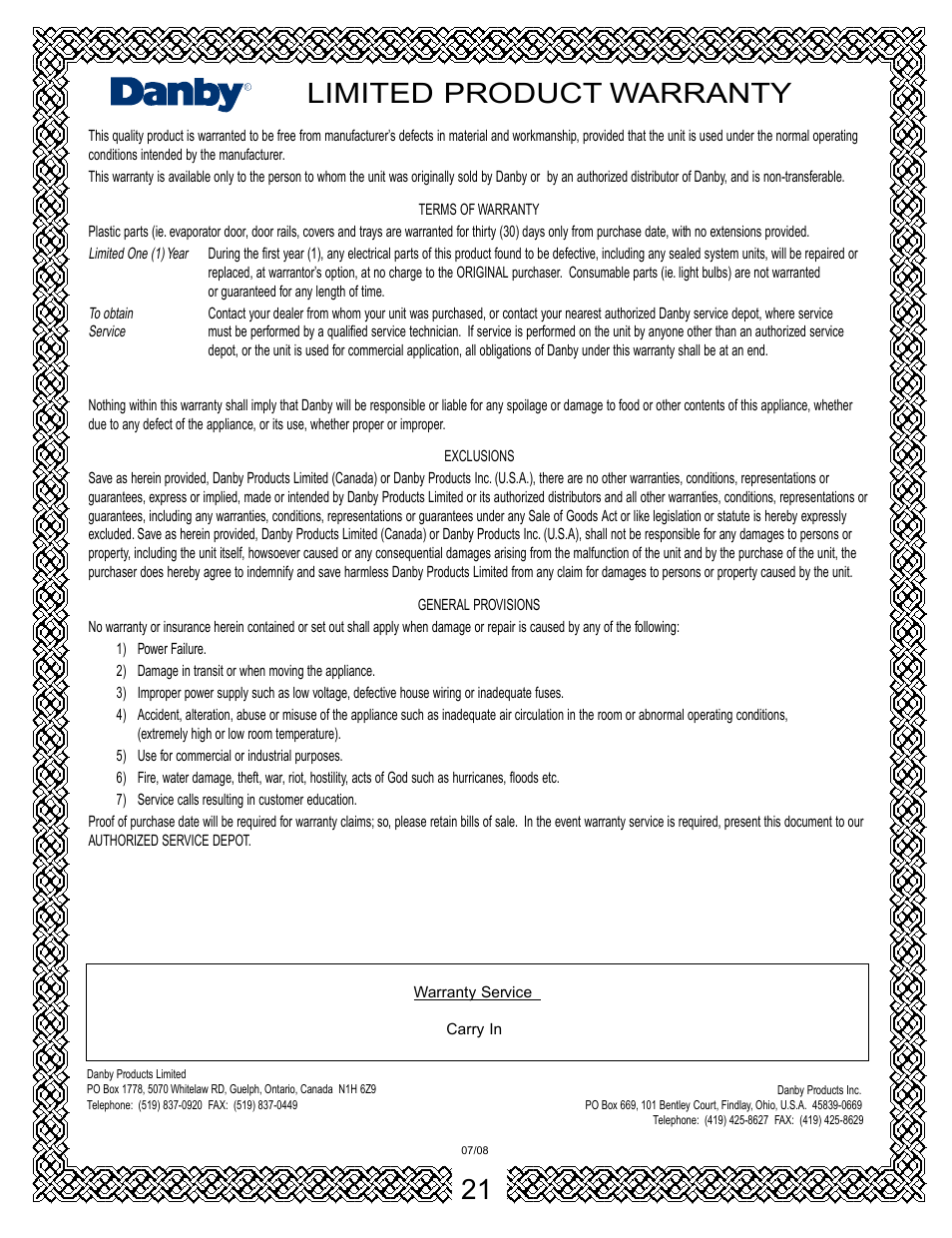 Limited product warranty | Danby DBD5L User Manual | Page 21 / 22