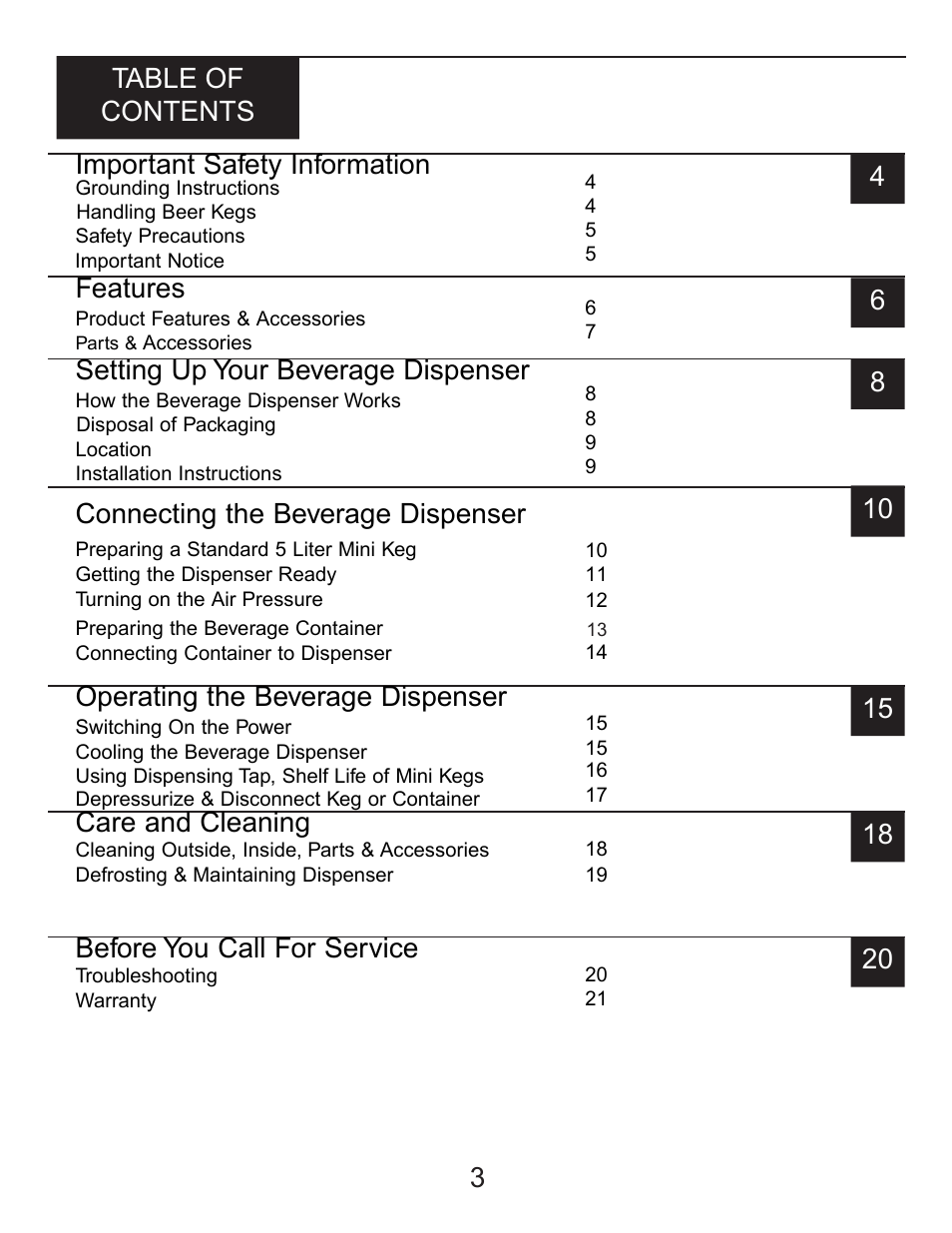 Important safety information, Features, Setting up your beverage dispenser | Connecting the beverage dispenser, Operating the beverage dispenser, Care and cleaning, Before you call for service | Danby DBD5L User Manual | Page 3 / 22