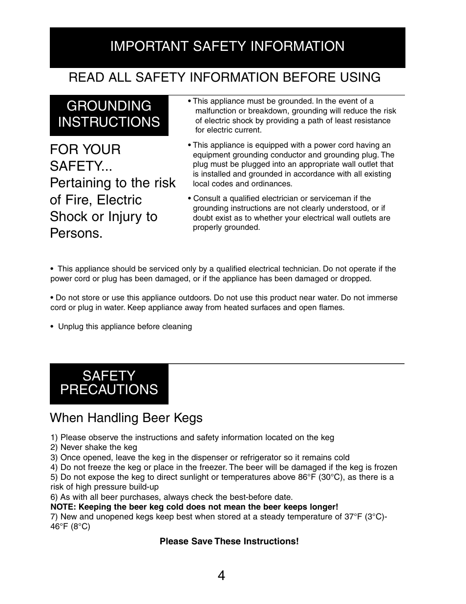 Important safety information safety precautions, Grounding instructions, Read all safety information before using | When handling beer kegs | Danby DBD5L User Manual | Page 4 / 22