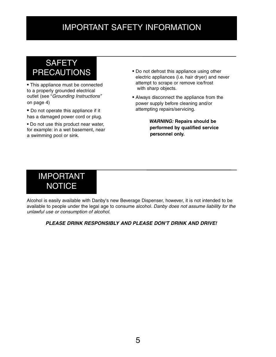 Important safety information safety precautions, Important notice | Danby DBD5L User Manual | Page 5 / 22