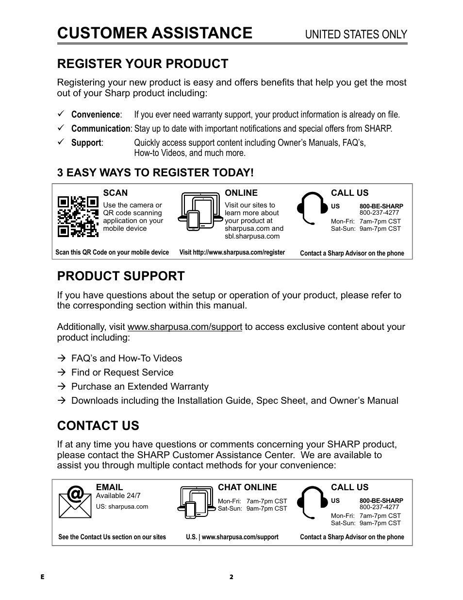 Customer assistance, Customer assistance (us only), Register your product | Product support, Contact us, United states only | Sharp 24 Inch Drop-In Cooktop Owner Manual User Manual | Page 2 / 44