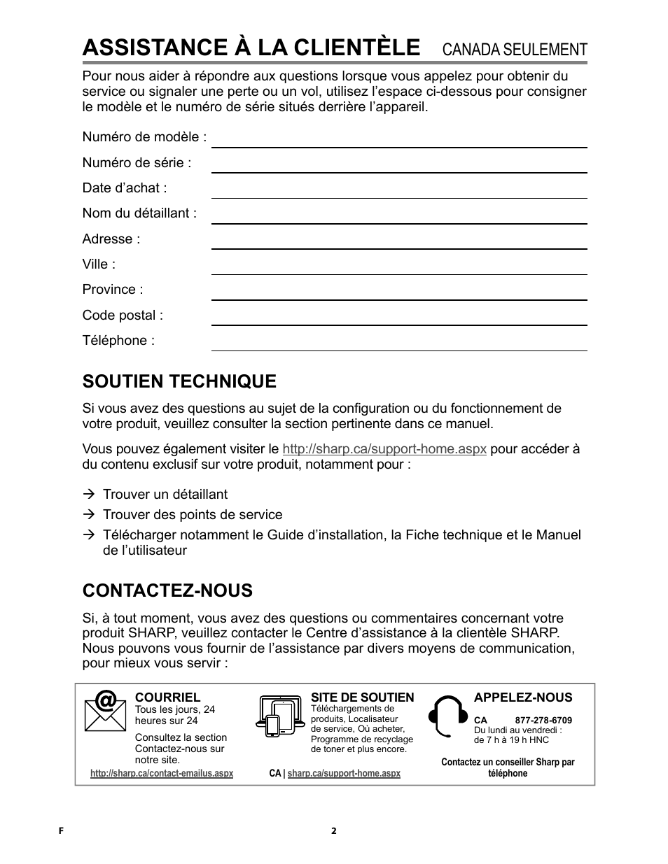 Assistance à la clientèle, Assistance à la clientèle (canada seulement) | Sharp 24 Inch Drop-In Cooktop Owner Manual User Manual | Page 24 / 44