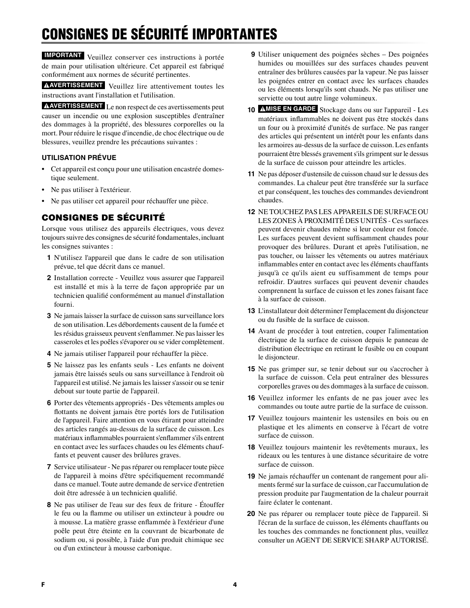 Consignes de sécurité importantes | Sharp 24 Inch Drop-In Cooktop Owner Manual User Manual | Page 26 / 44