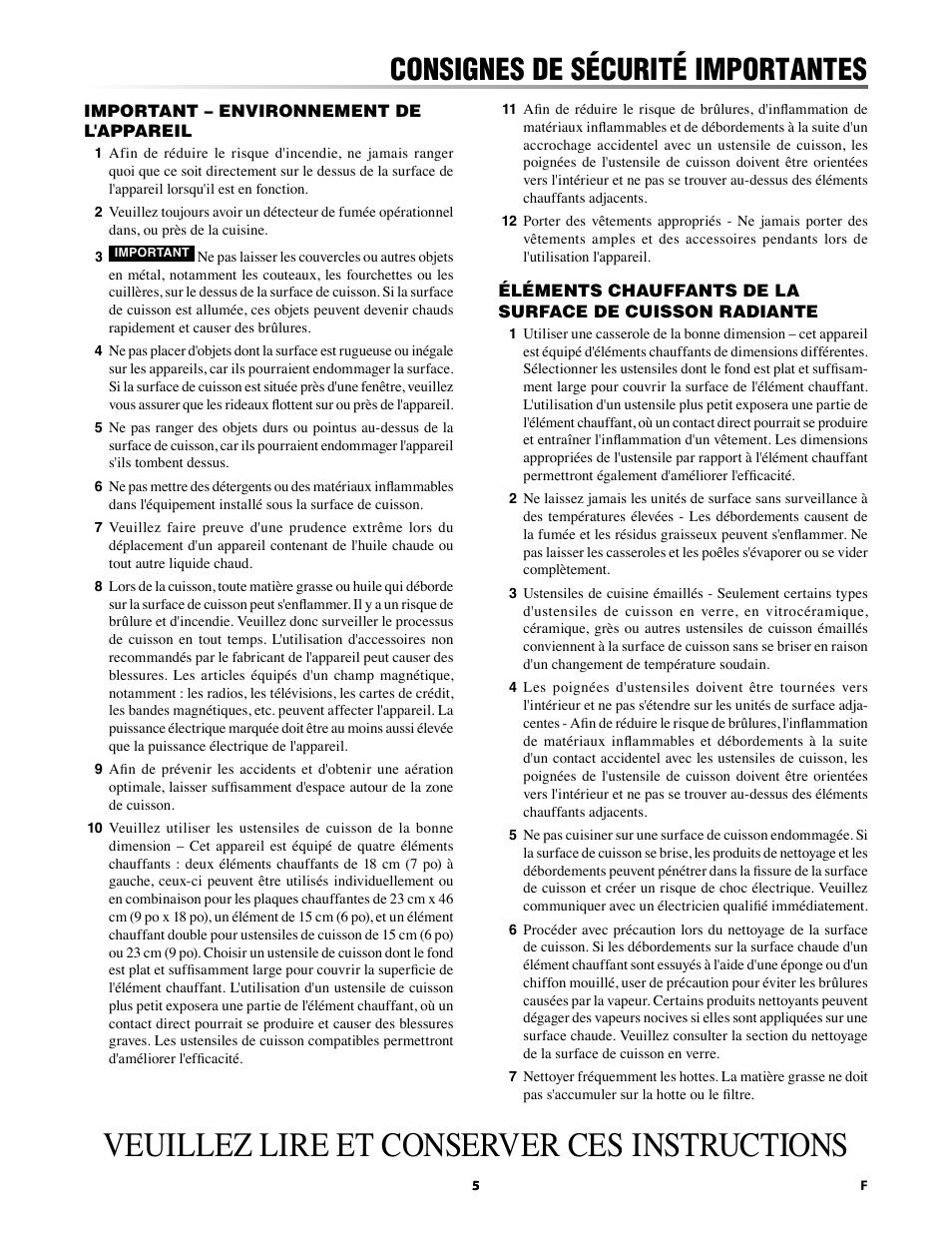 Veuillez lire et conserver ces instructions, Consignes de sécurité importantes | Sharp 24 Inch Drop-In Cooktop Owner Manual User Manual | Page 27 / 44