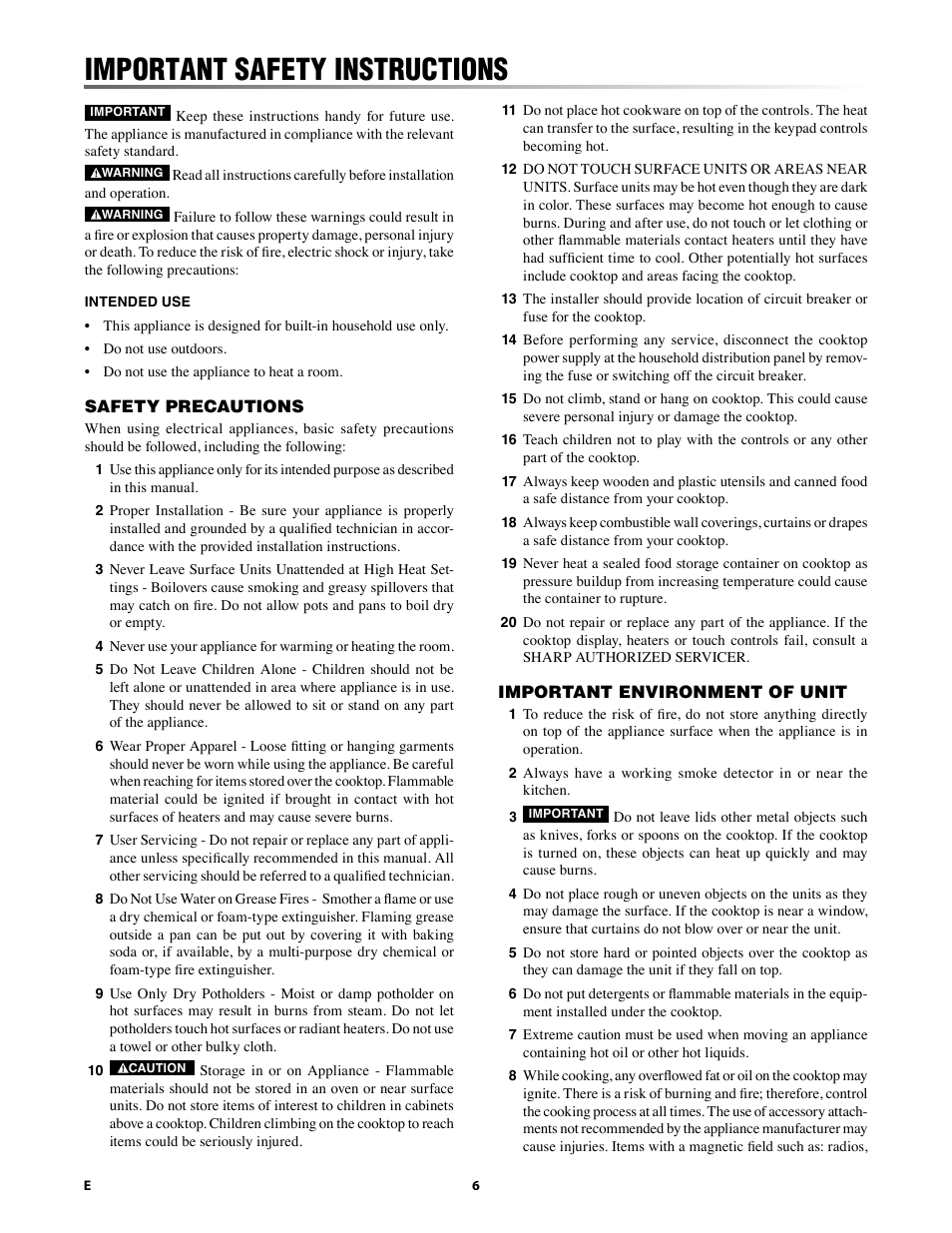 Important safety instructions | Sharp 24 Inch Drop-In Cooktop Owner Manual User Manual | Page 6 / 44