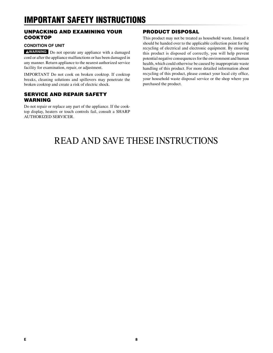 Read and save these instructions, Important safety instructions | Sharp 24 Inch Drop-In Cooktop Owner Manual User Manual | Page 8 / 44